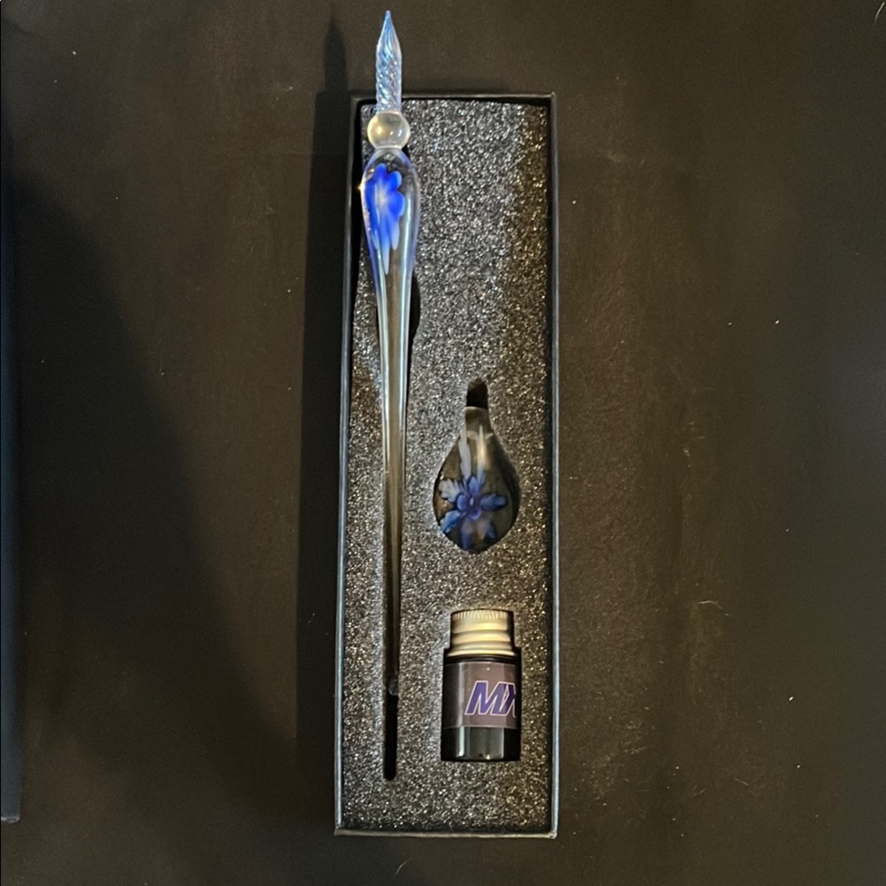 Blue Floral Glass Dip Pen Set